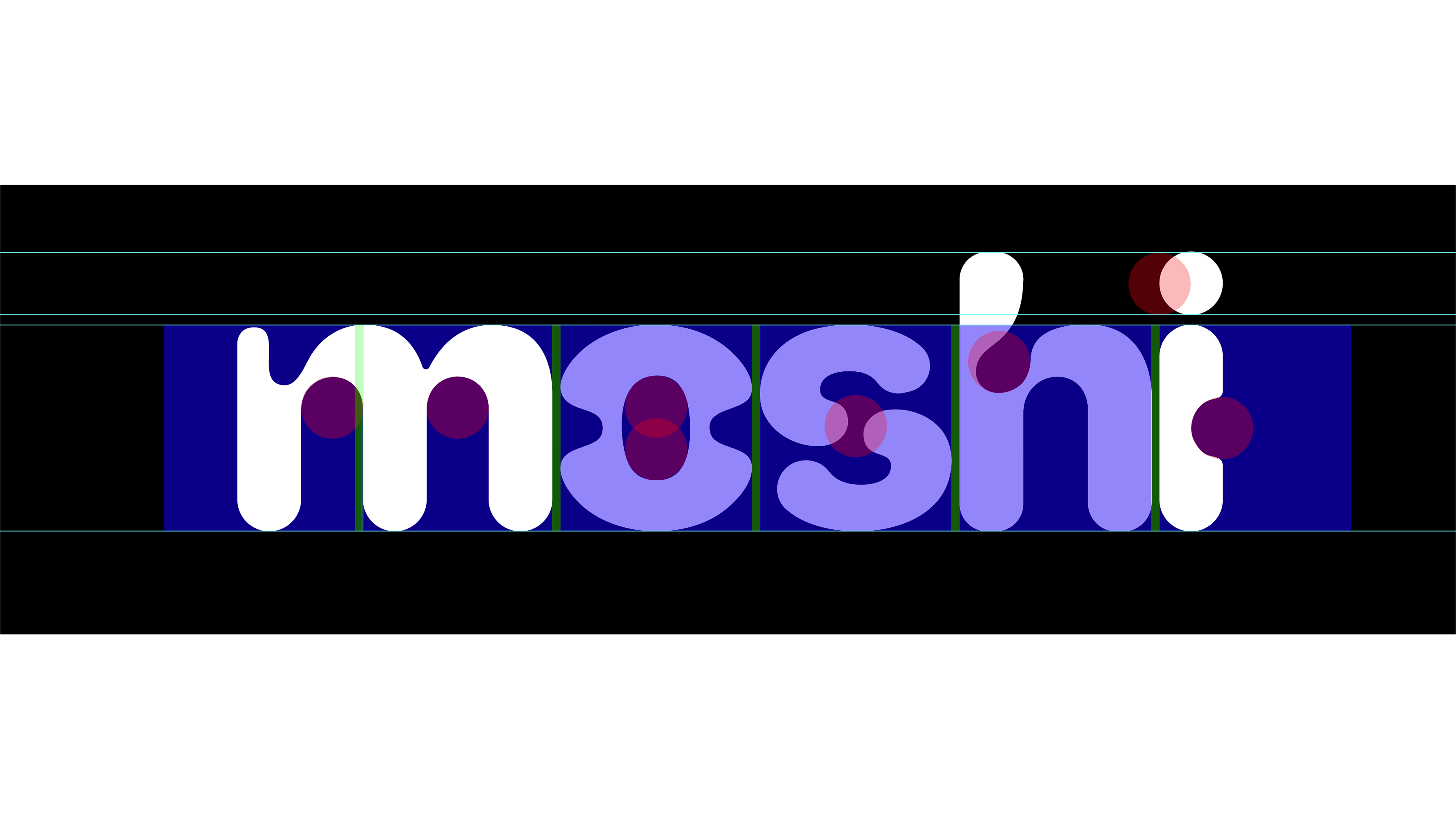 Moshi wordmark construction showing the layered bubble geometry in blue and purple